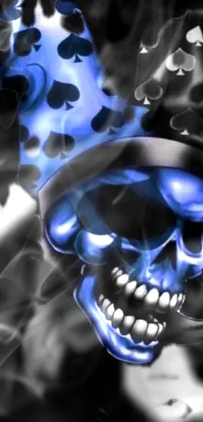 Artwork of a blue skull with spades in dark, smoky ambiance.