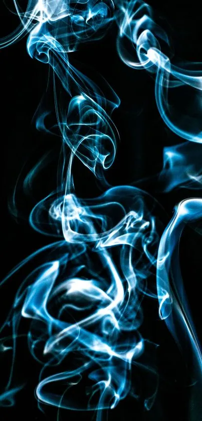 Ethereal blue smoke swirls on a dark black background, creating a mystical effect.