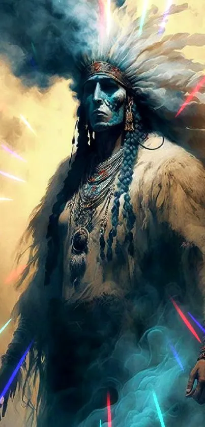 Mystical warrior adorned with feathers and surrounded by ethereal smoke in blue shades.