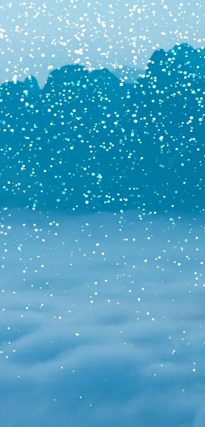 Blue snowy landscape with falling snowflakes wallpaper.