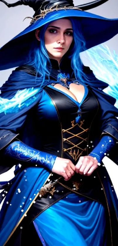 Mystical sorceress in blue dress emitting magical energy.