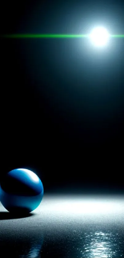 Mysterious blue sphere with light reflection on a dark surface.
