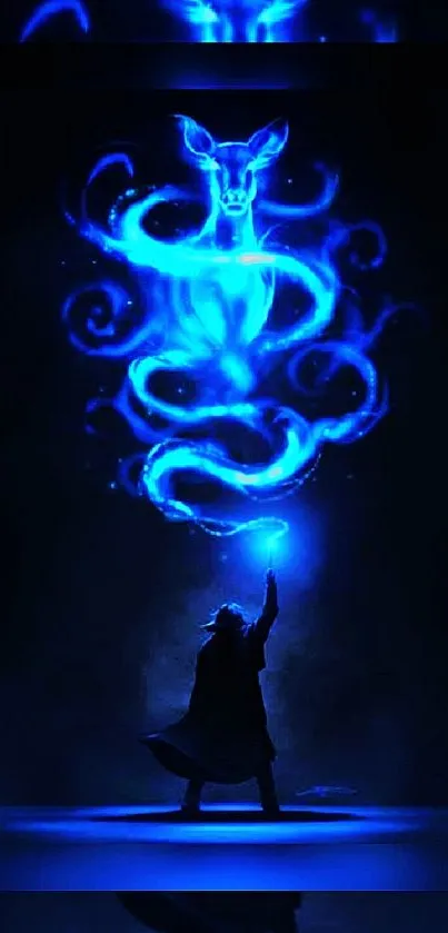 Silhouette under glowing blue mystical figure on dark background.