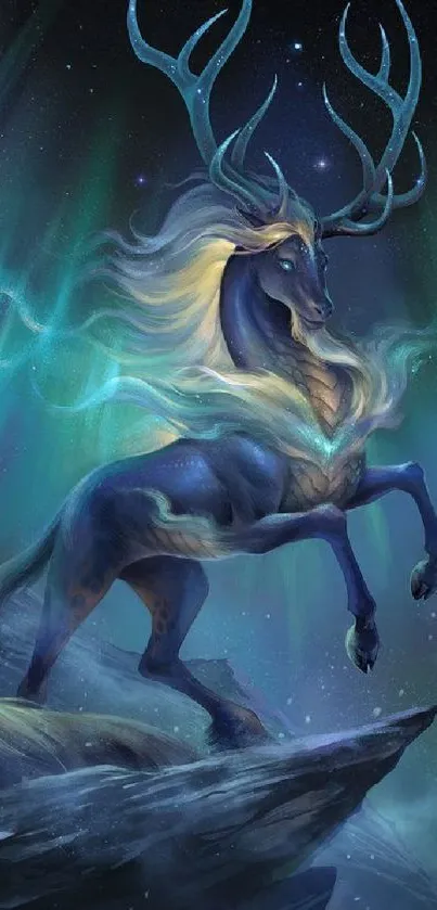 Majestic blue stag with glowing antlers under a starry sky on mobile wallpaper.