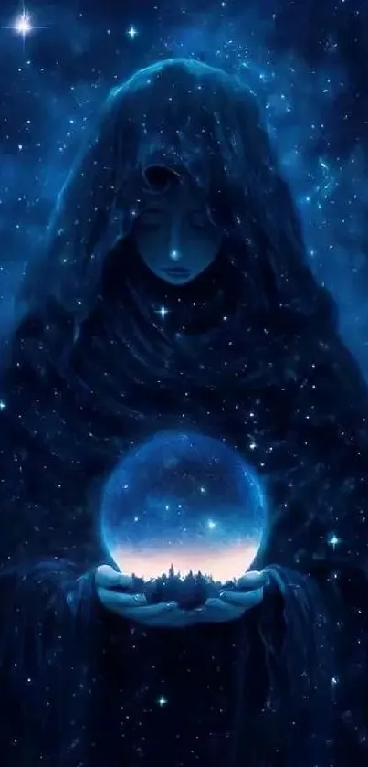 Mystical figure holding a glowing sphere under a starry blue sky.