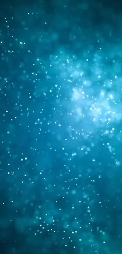 Mystical teal blue wallpaper with starry particles and galaxy design.