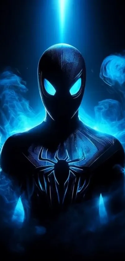 Mystical blue superhero with glowing eyes and striking silhouette.