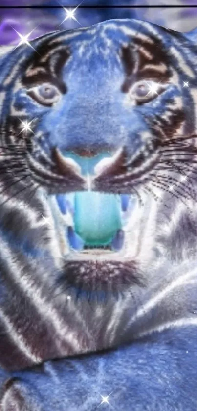 Mystical blue tiger mobile wallpaper with a glowing effect.