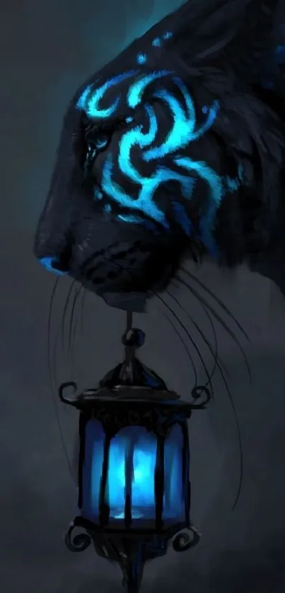 Mystical tiger holding a glowing blue lantern on a dark background.