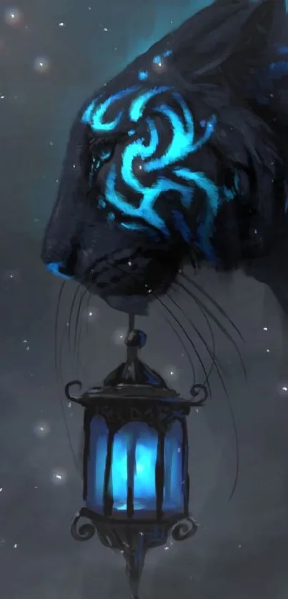 Mystical blue tiger with glowing lantern in dark fantasy artwork.