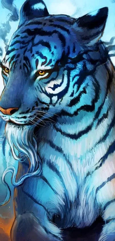 Mystical blue tiger with flowing beard amidst aquatic scenery on mobile wallpaper.