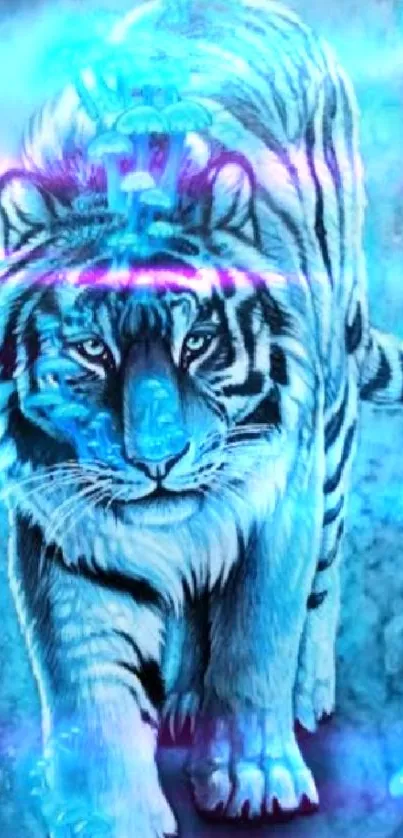 Mystical blue tiger with glowing mushrooms in fantasy art.