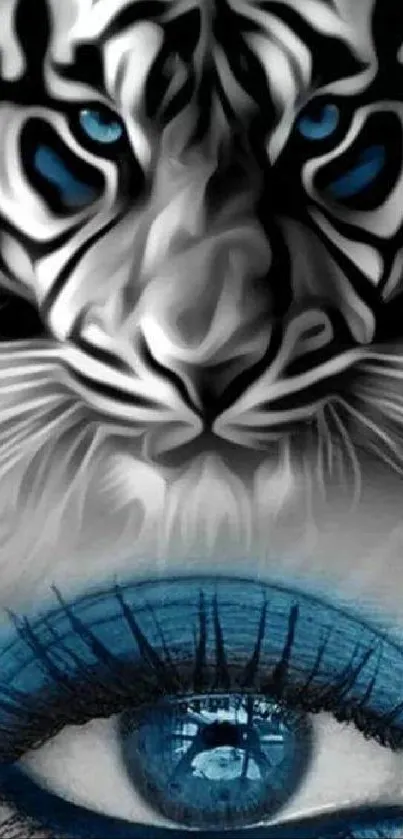 Artistic wallpaper of a white tiger's face with a vivid blue eye.