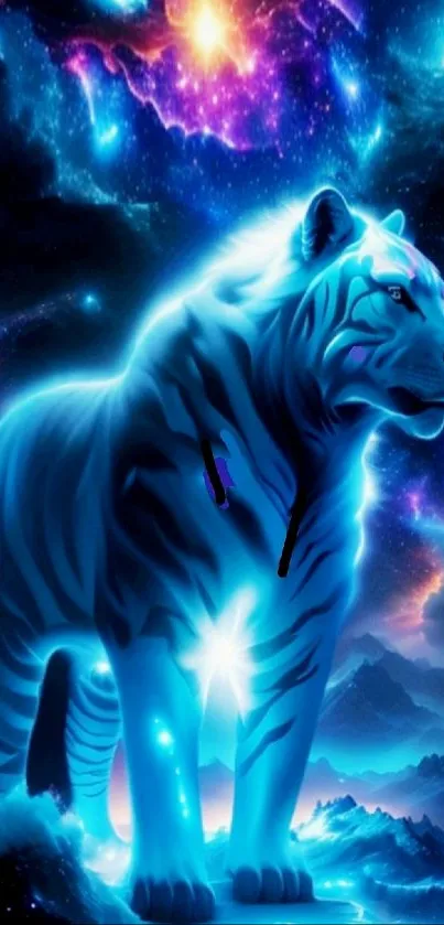 Mystical blue tiger in a cosmic galaxy scene mobile wallpaper.