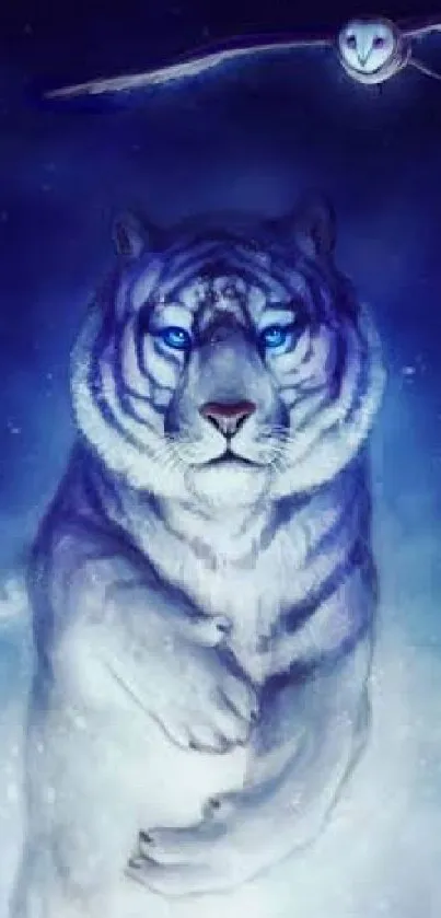 Mystical blue tiger with owl in night sky wallpaper.