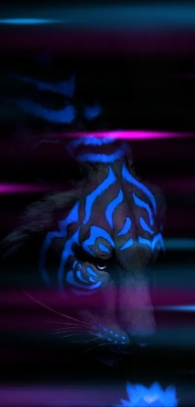 Black tiger with glowing blue stripes and a lotus.