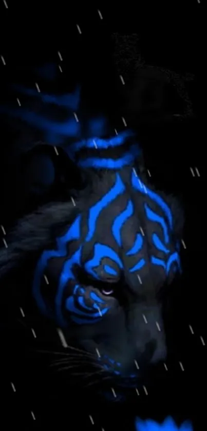 Mystical blue tiger in a dark setting with glowing stripes.