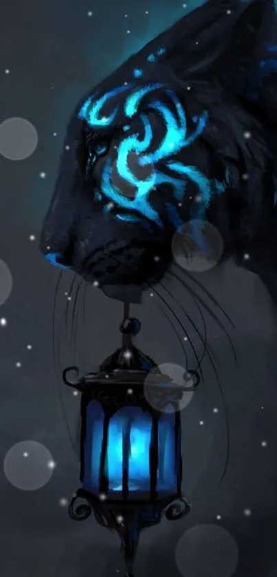 Mystical blue tiger with glowing lantern on dark background.