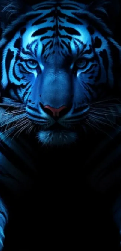 Luminous blue tiger in a dark mystical setting.