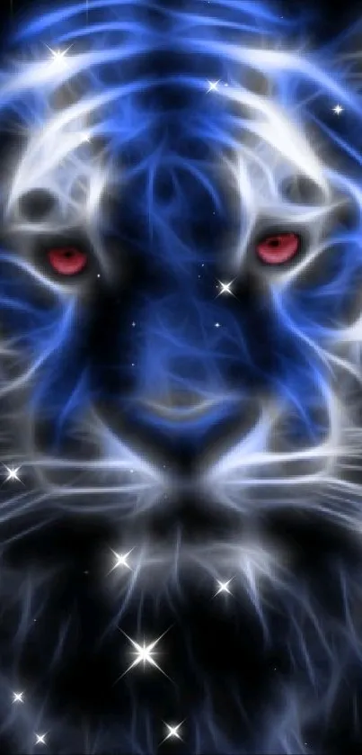 Mystical blue tiger with glowing red eyes and celestial background.