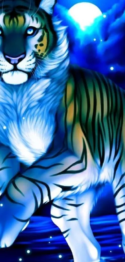 Mystical blue tiger in a vibrant, nighttime fantasy scene.