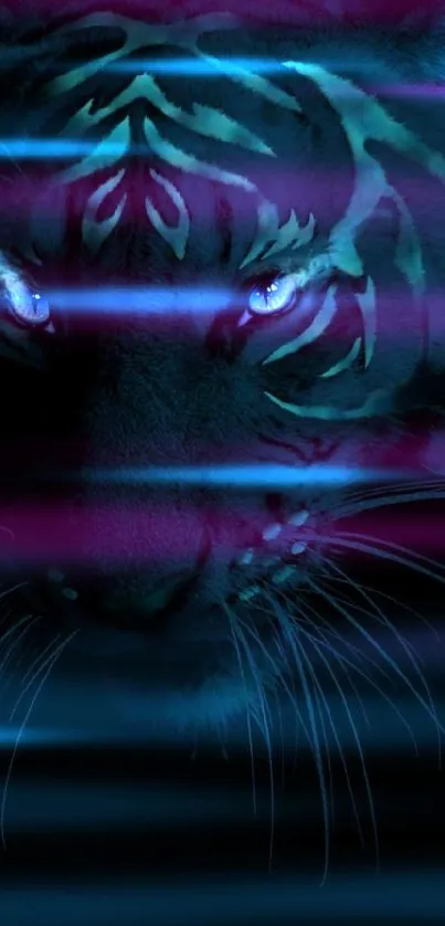 Dark blue mystical tiger with glowing eyes in a captivating wallpaper.