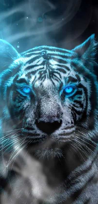 Blue-eyed tiger with mystical aura on a dark background.