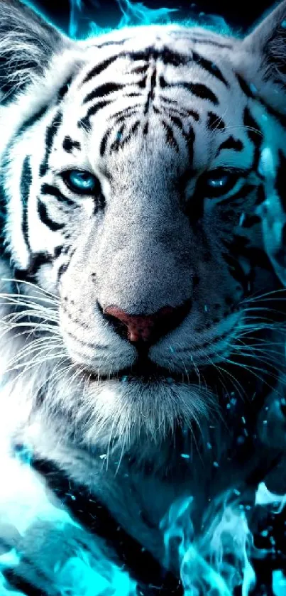 Mystical white tiger with blue flames on mobile wallpaper.