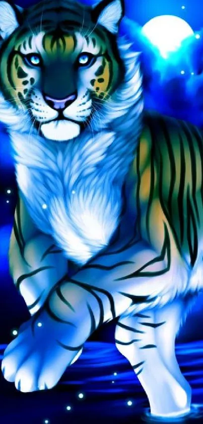 Mystical blue tiger walking under a moonlit sky.