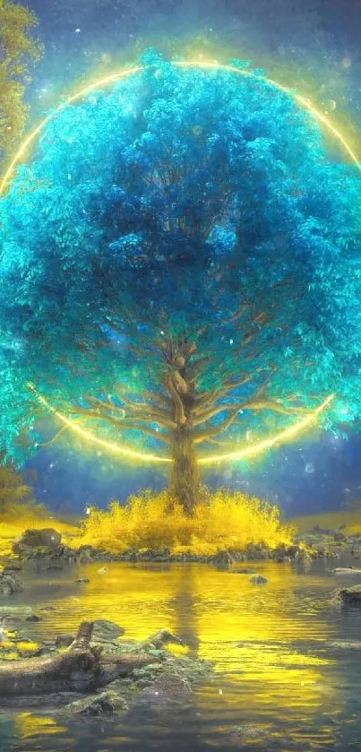 Mystical blue tree with glowing circle in scenic landscape.