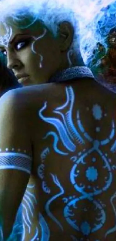 Mystical tribal figure with blue patterns and ethereal aura.