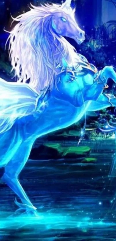 Mystical blue unicorn in a magical forest wallpaper.