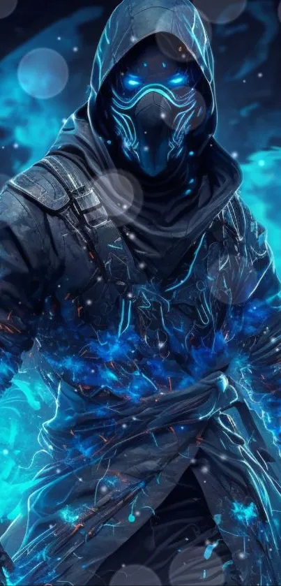 Mystical warrior in glowing blue armor with a fantasy design.