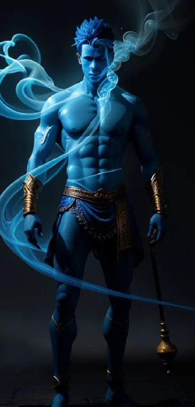 Mystical blue warrior with smoke effect on dark background.