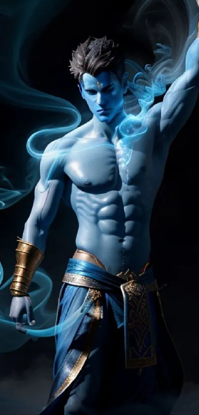 Mystical blue warrior with swirling energy.