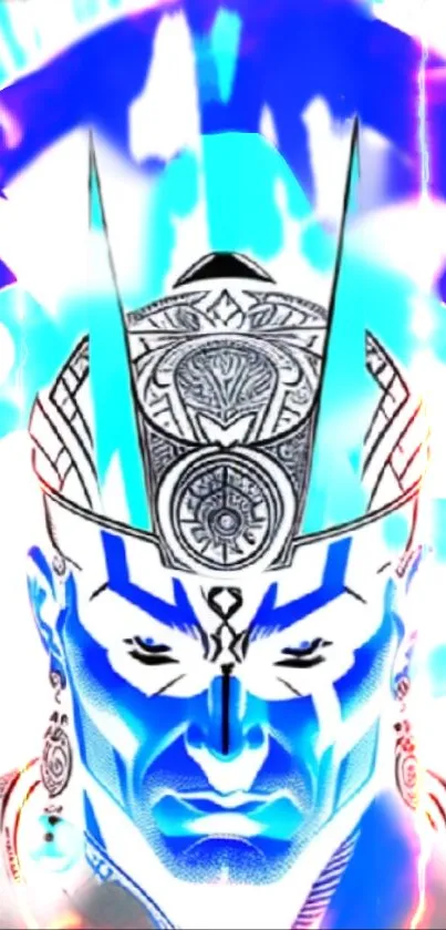 Mystical blue warrior with intricate headgear, creating an artistic fantasy vibe.