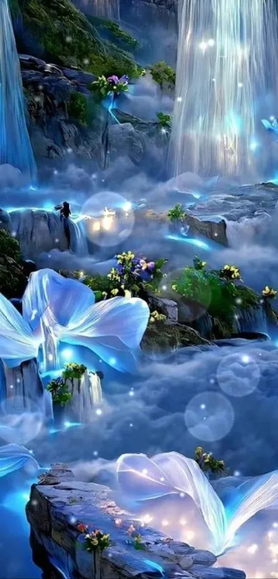 Mystical waterfall with blue flowers and vibrant scenery.