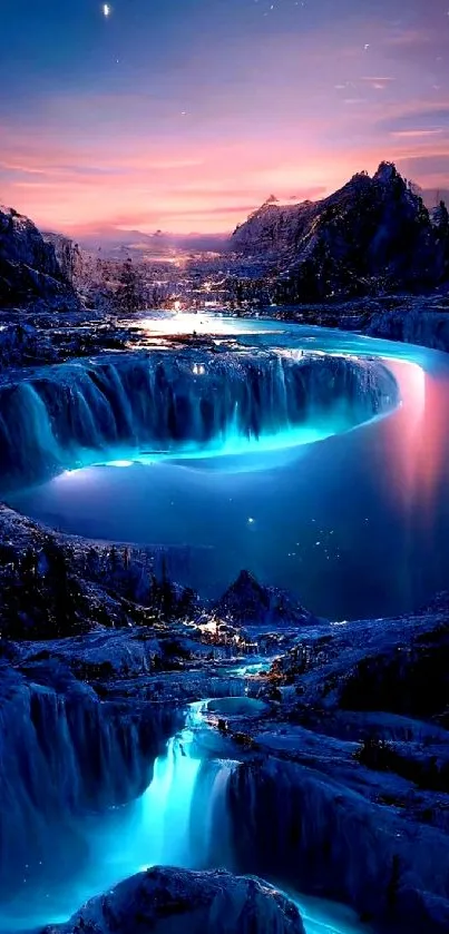 Enchanting blue waterfall with glowing light and sunset sky.