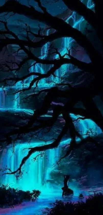 Mystical blue waterfall in a moonlit forest, perfect phone wallpaper.