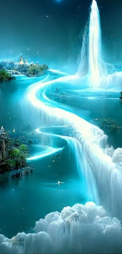 Mystical blue waterfall with lush green scenery.