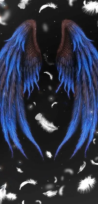 Mobile wallpaper of mystical blue wings on black background with white feathers.