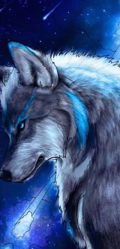 Mystical blue wolf with cosmic background.