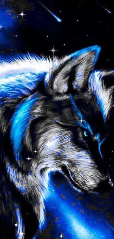 Vibrant blue wolf art on starry background