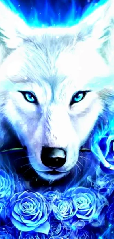 Mystical blue wolf with roses wallpaper.