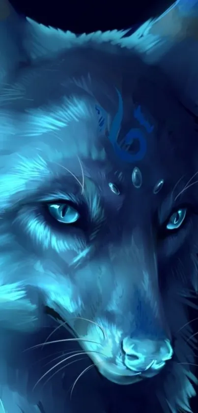 Mystical blue wolf with glowing eyes in digital art design.