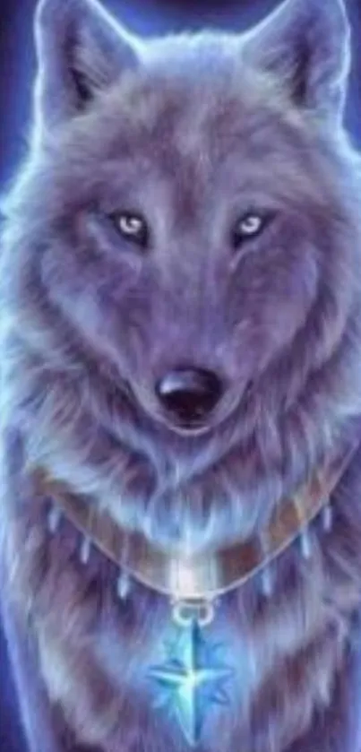 Mystical blue wolf with glowing aura and star pendant.