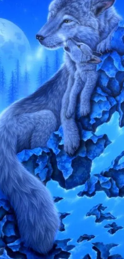 Mystical artwork of a blue wolf in a forest setting.