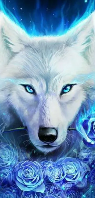 Blue wolf with glowing eyes and roses in digital art wallpaper.