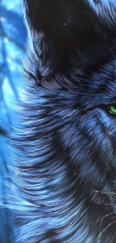 Mystical blue wolf with green eyes in a fantasy setting.