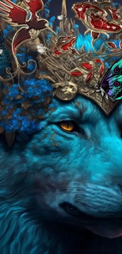 Mystical blue wolf adorned with vibrant fantasy details.